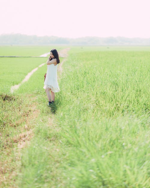 免费 站在绿草地上的白色连衣裙的女人 素材图片
