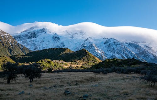 Green Grass Field Near Snow Covered Mountain