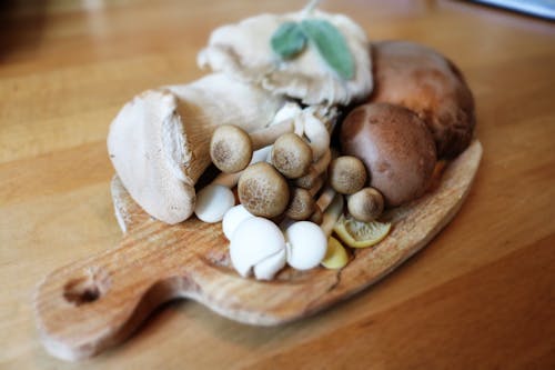 蘑菇在棕色木製板上