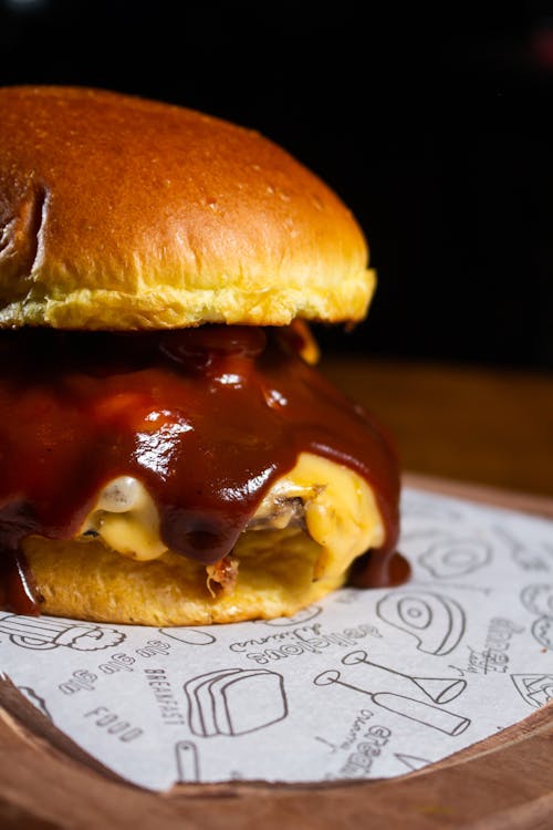 Burger Sandwich with Cheese and Ketchup in Close Up View