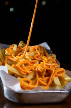 Close-up of French fries with rich cheese sauce, perfect for food enthusiasts.