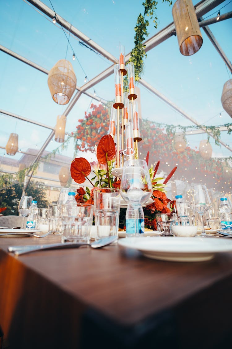 Decorations And Candles On Table In Restaurant