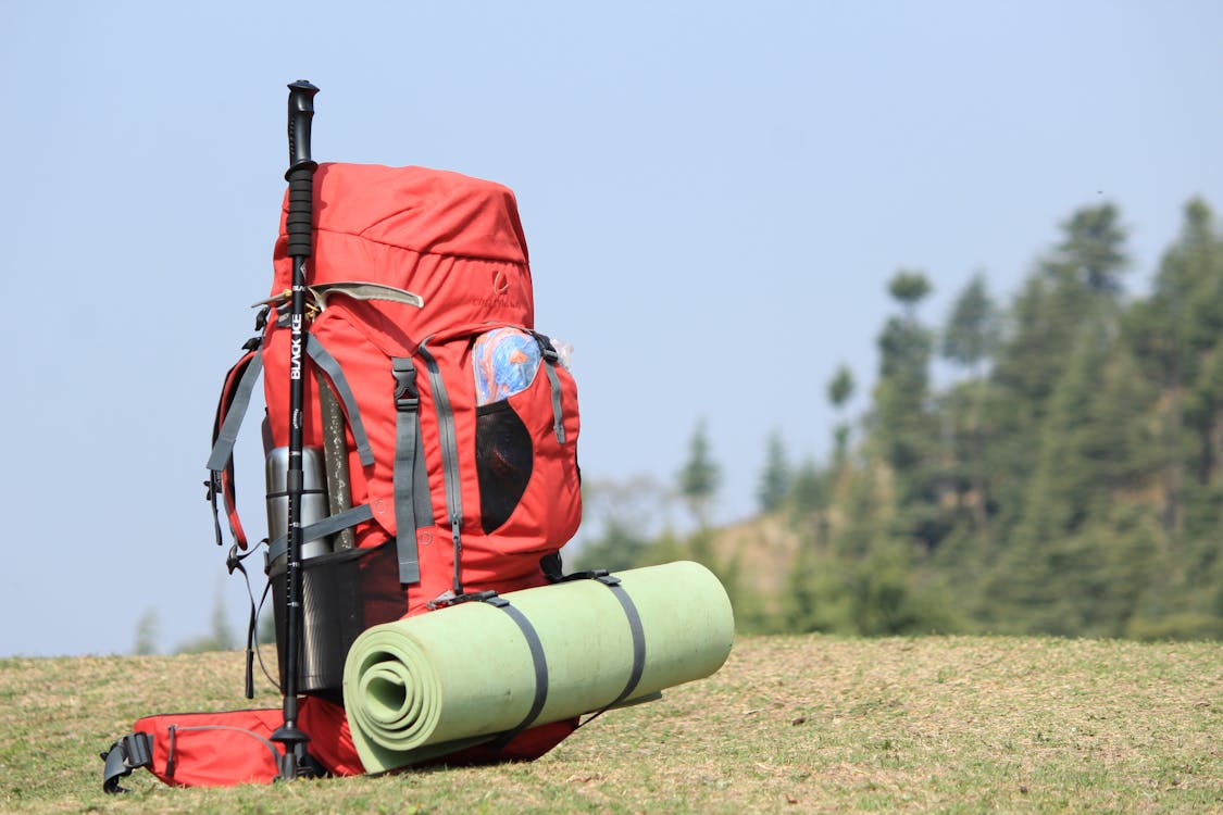 Free Selective Focus Photo of Red Hiking Backpack on Green Grass Stock Photo