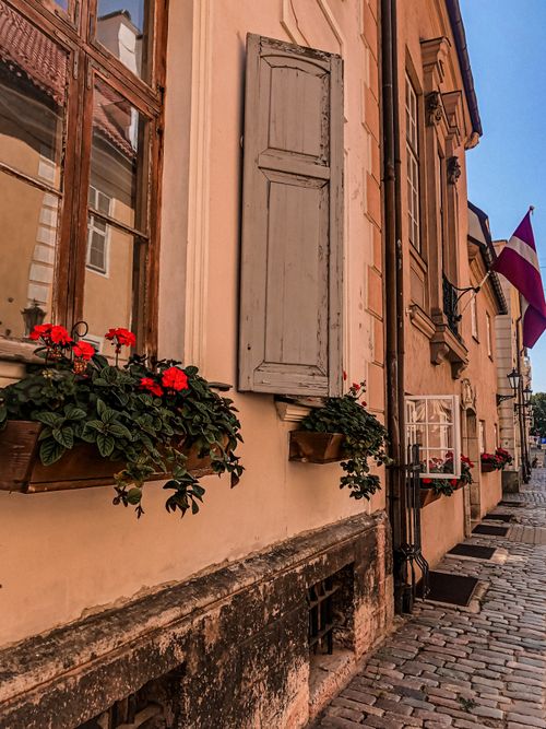 Free Historic street view in Latvia with charming architecture, vibrant red flowers, and cobblestone path. Stock Photo