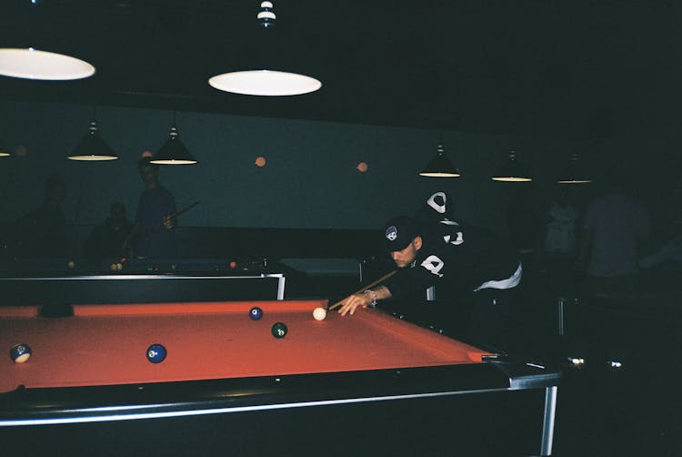 Man In Black Jacket And Cap Playing Billiards