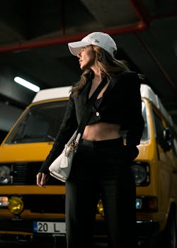 Woman in modern black attire poses with vintage yellow van in İstanbul garage.