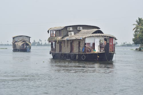 Houseboats in a Canal in Kerala, India