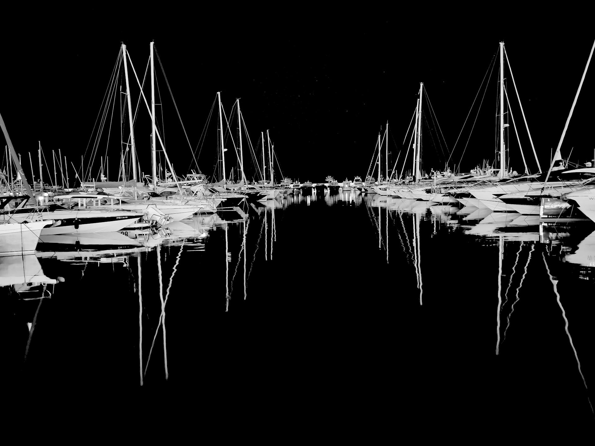 Marina at Night in Black and White