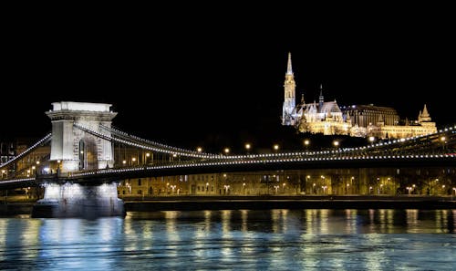 Szechenyi Chain Bridge and Matthias Church in Budapest at Night