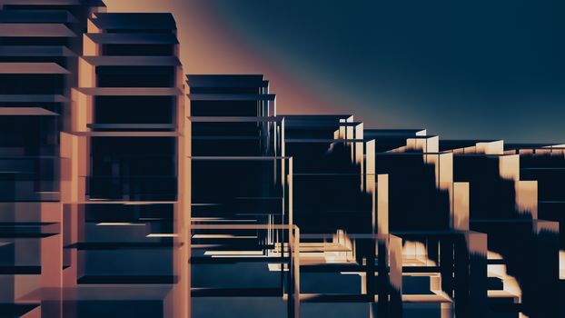 Abstract geometric design with sharp lines and dark tones, evoking modern architecture at dusk.
