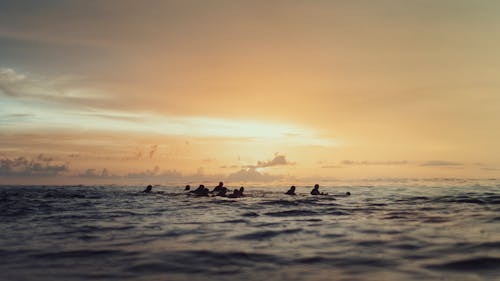 Люди купаются в океане во время заката