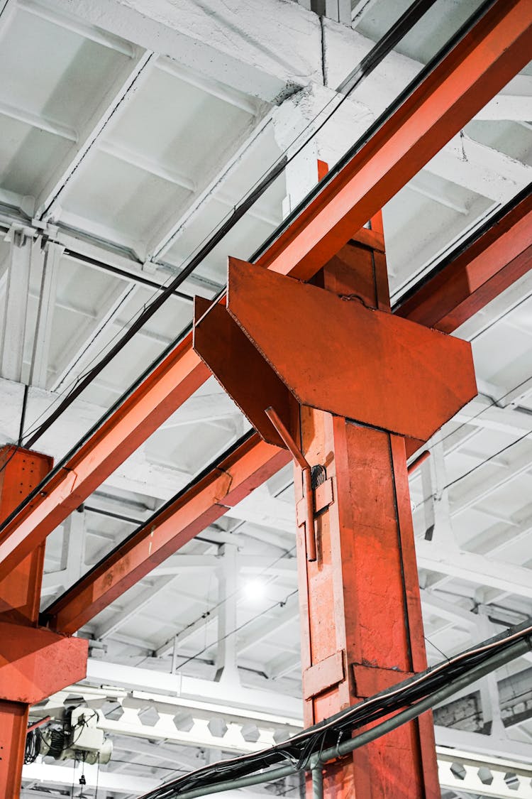 Steel Beams Connecting The Pillars Of The Factory Hall