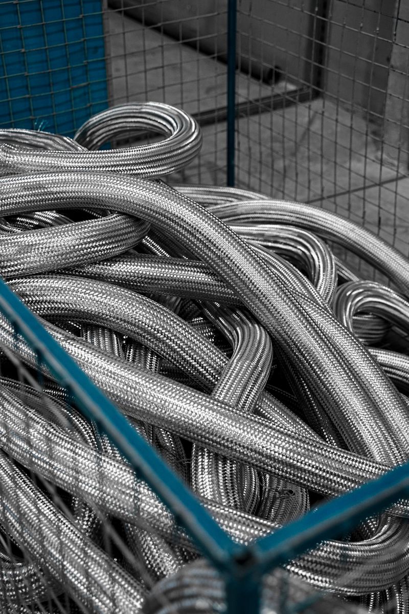 Close-up of coiled metallic tubes inside an industrial cage