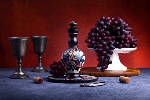 Artistic still life featuring a decorative decanter, grapes, and wine glasses on a table.