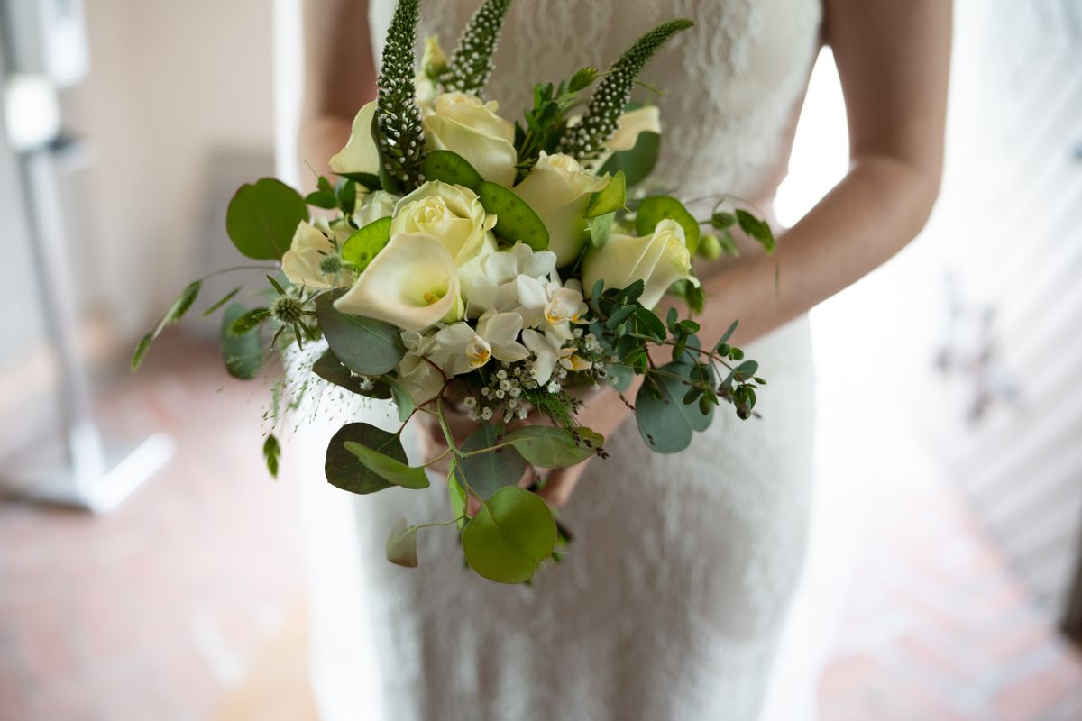 Romantic Charleston wedding bouquet with white and seasonal flowers
