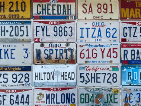 Colorful variety of license plates from different states arranged on a wall, showcasing unique designs.