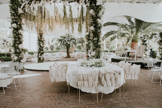 Stunning outdoor wedding setup featuring floral decorations, elegant seating, and ambient lighting.