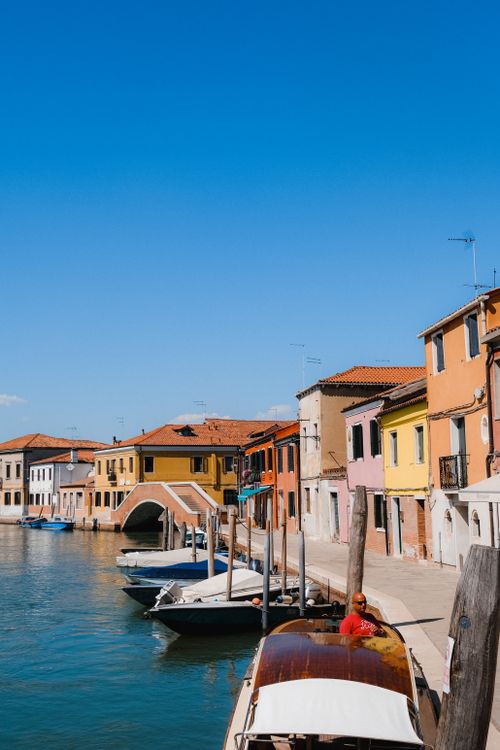 Free Scenic view of a Venetian canal with colorful buildings, boats, and a bridge under a clear blue sky. Stock Photo