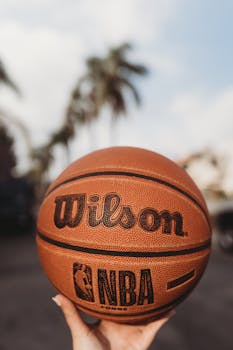 A close-up outdoor shot of a Wilson basketball, featuring NBA logo, held by a hand with palm trees in the background.