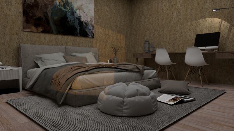 Calm neutral bedroom with upholstered bed and soft light