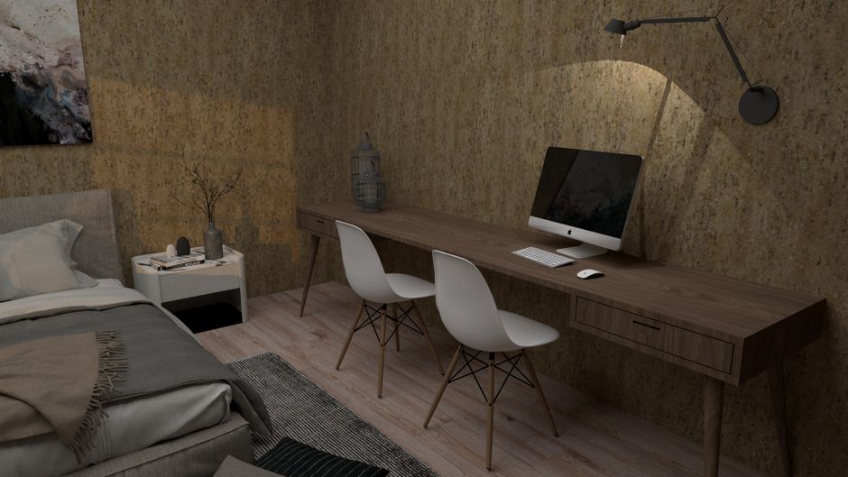 Kompakter Arbeitsplatz im Schlafzimmer mit hellem Holzschreibtisch, geschlossener Aufbewahrung und ruhiger, neutraler Farbpalette