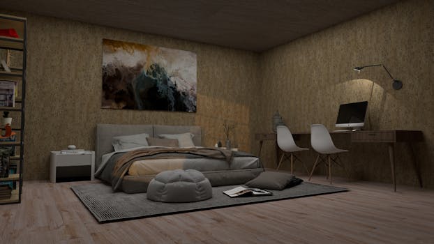 A stylish and cozy modern bedroom with furniture and decor accents.