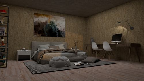 Free A stylish and cozy modern bedroom with furniture and decor accents. Stock Photo