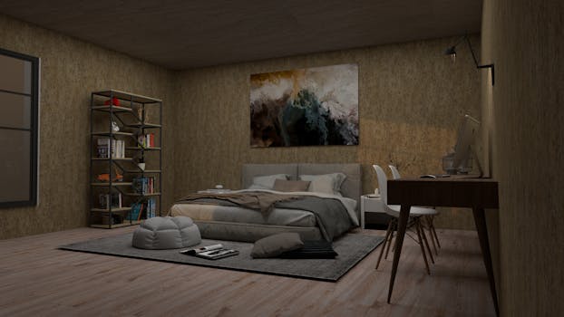 A stylish bedroom interior featuring modern furniture and art piece in neutral tones.
