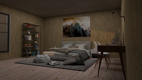Free A stylish bedroom interior featuring modern furniture and art piece in neutral tones. Stock Photo