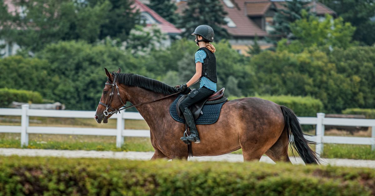 A woman horseback riding through a scenic equestrian area, showcasing equestrian lifestyle and outdoor activity.
