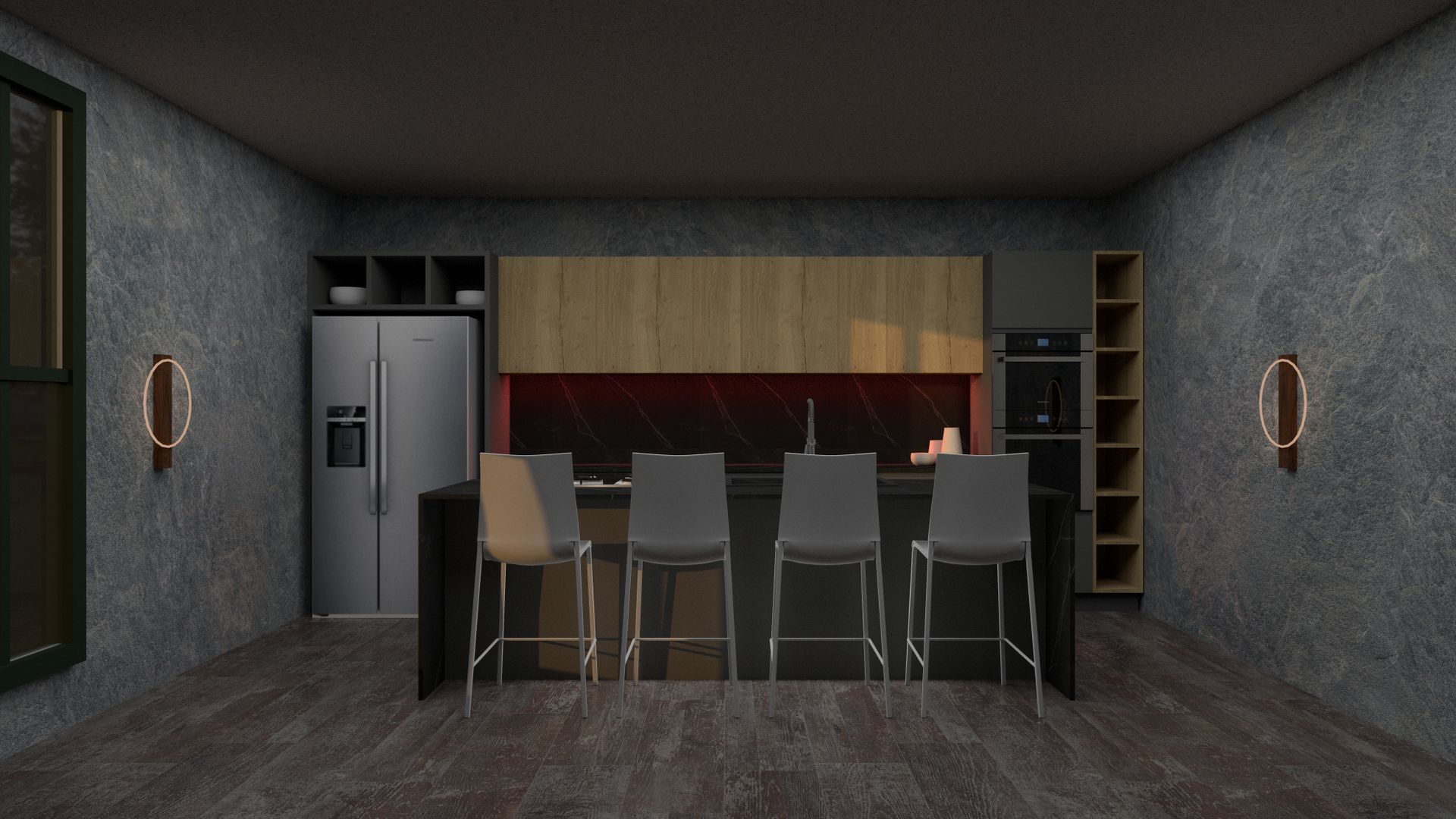 Sleek modern kitchen design with bar stools and appliances.