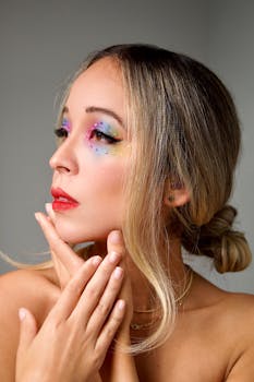 Captivating portrait of a woman with vibrant, artistic makeup, highlighting beauty and glamour.