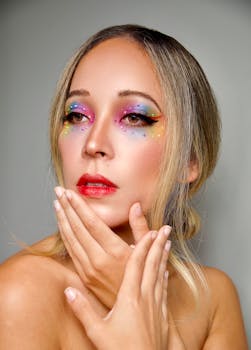 Close-up portrait of a woman with colorful makeup and styled hair, showcasing beauty and creativity.