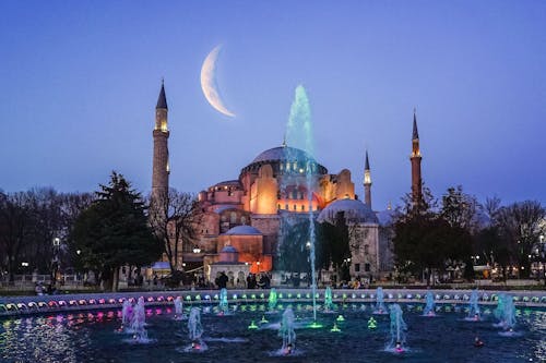 Crescent Moon above Hagia Sophia in Istanbul, Turkey