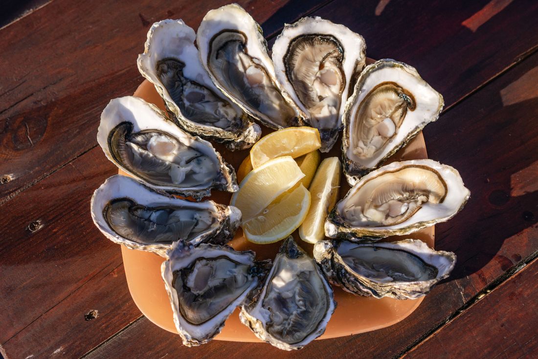Freshly shucked oysters arranged in a circle around lemon wedges on a wooden table
