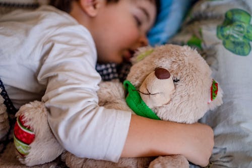 Free A Boy Sleeping with His Teddy Bear Stock Photo