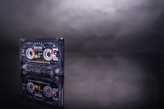 A classic cassette tape with a vintage design reflected on a glossy black surface, evoking nostalgia.