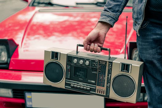 A man holding a vintage cassette player in front of a red classic car, capturing retro vibes.