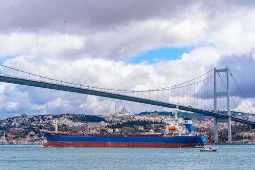 Photo of a Long Ferry under a Suspension Bridge 