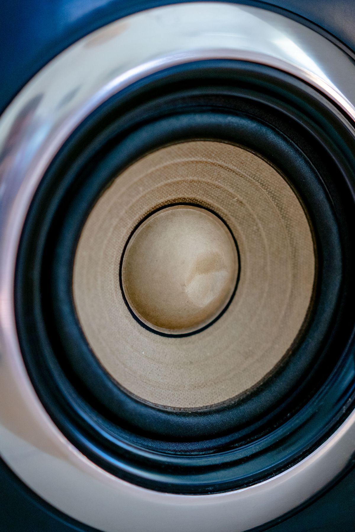 Macro view of speaker cone diaphragm and surround construction relevant to competition car audio driver selection and vehicle fit planning