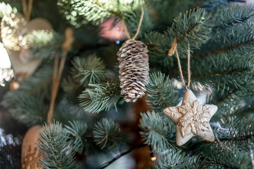 Close-up of Christmas Ornaments on a Christmas Tree