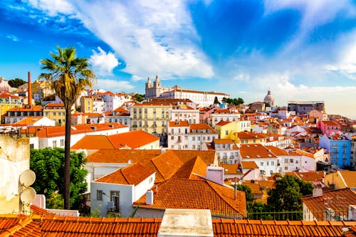 Alfama old town district viewed from Miradouro das Portas do Sol observation point in Lisbon, Portugal