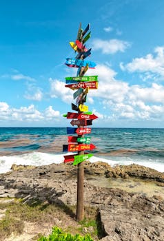 Vibrant signpost with directions to countries, located on a rocky beach in Tulum, Mexico.