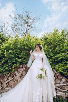 Elegant bride in a wedding dress posing outdoors with a bouquet against a green backdrop.
