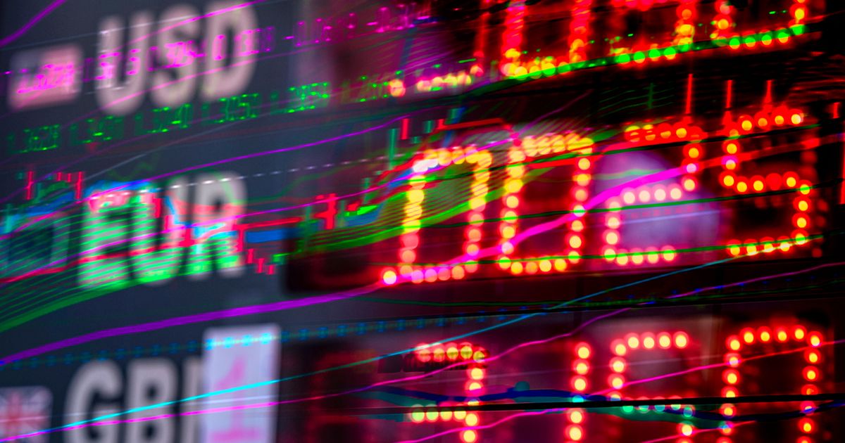 Vibrant stock market display showing USD, EUR and GBP exchange rates, representing pip movements in forex currency trading
