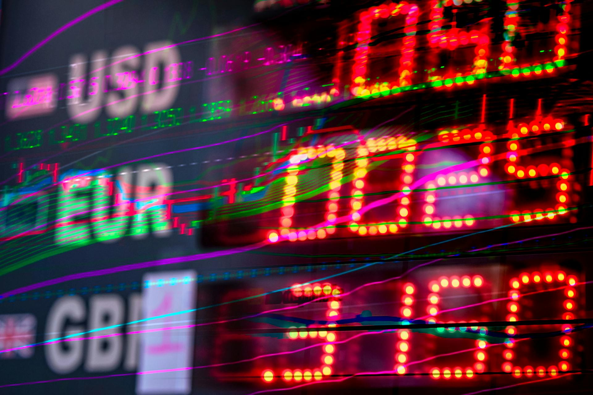 Vibrant stock market display showing exchange rates for USD, EUR, and GBP. Perfect for finance themes.