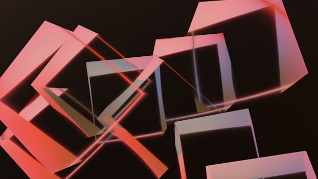 Abstract design featuring geometric shapes and neon lighting in dark background.