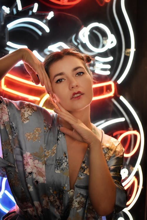 Portrait of a Woman in a Kimono with Neons in the Background