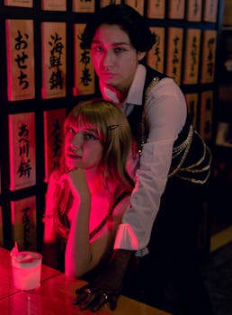 Couple in a Japanese-themed bar with vibrant red lighting, creating a chic and mysterious atmosphere.