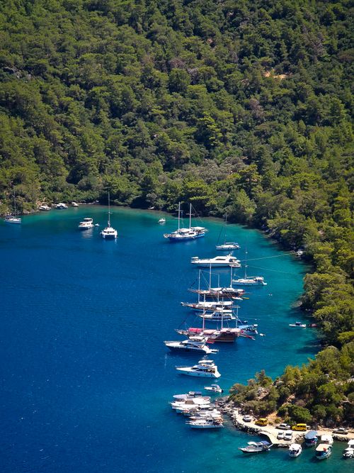 Serene Aerial View of Boats in a Blue Bay · Free Stock Photo